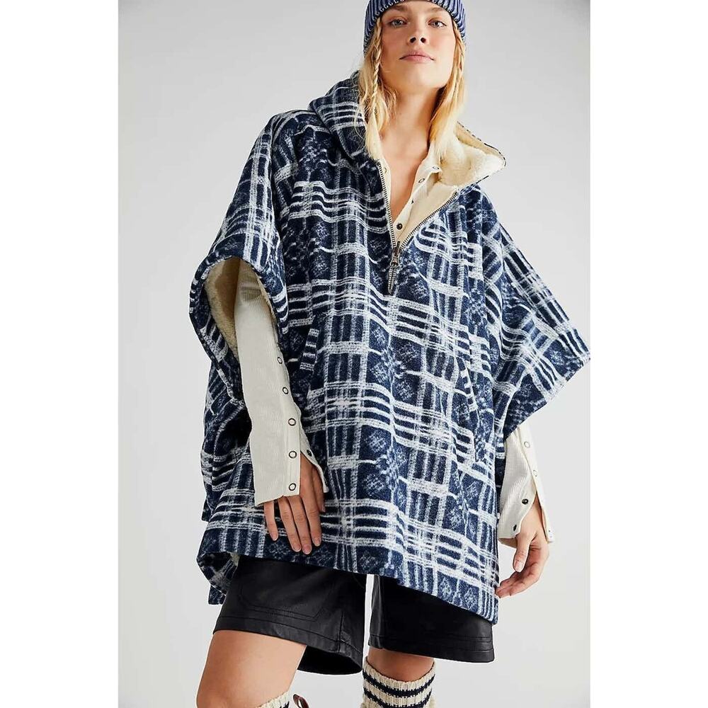 NWT Free People Miss You Poncho SLOUCHY Plaid $198 OVERSIZED M/L Carbon